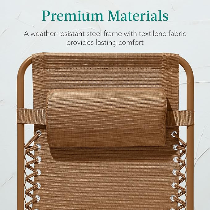 Best Choice Products Adjustable Zero Gravity Chair, Monochromatic Color Folding Patio Recliner w/Side Tray, Headrest - Desert