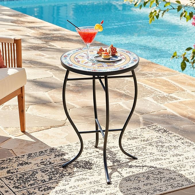Side Table Outdoor, Mosaic Patio Table Plant Stand, 22" H Iron Coffee End Table - Photo 1