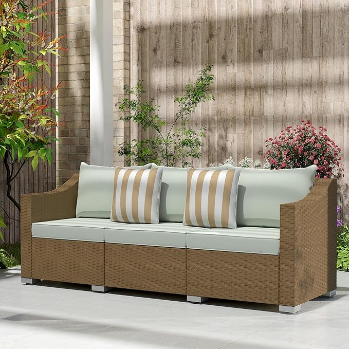 Outsunny 3 Seater Patio Sofa, Wicker Sofa with Cushions, Outdoor Furniture Rattan Couch with 2 Throw Pillows - Photo 7
