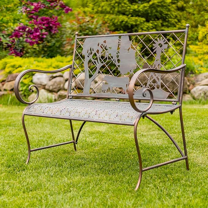 Classic Iron Garden Bench with Nature Scenery (Cow & Windmill Backrest in Bronze)