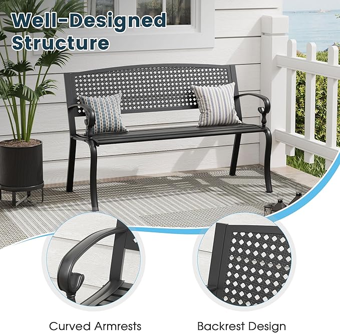 Outdoor Bench, 50 inches Metal Garden Bench, Cast Iron Steel Frame Patio Chairs w/Twist Circle Pattern Backrest for Park, Yard, Porch, Lawn, Balcony, Backyard, Black