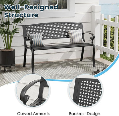 Outdoor Bench, 50 inches Metal Garden Bench, Cast Iron Steel Frame Patio Chairs w/Twist Circle Pattern Backrest for Park, Yard, Porch, Lawn, Balcony, Backyard, Black