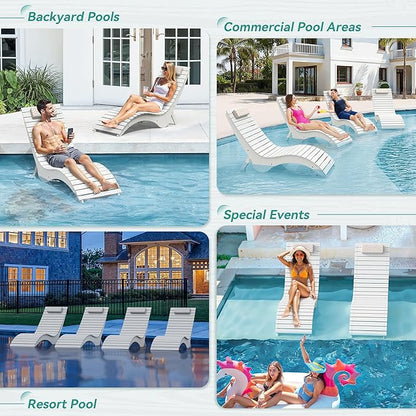 Pool Lounge Chairs Set of 2 - Anti-Floating HDPS Design for Pools & Backyard Sun Decks, Weighted Pool Chairs and Lounges for Poolside or Outside, Includes Headrest, White