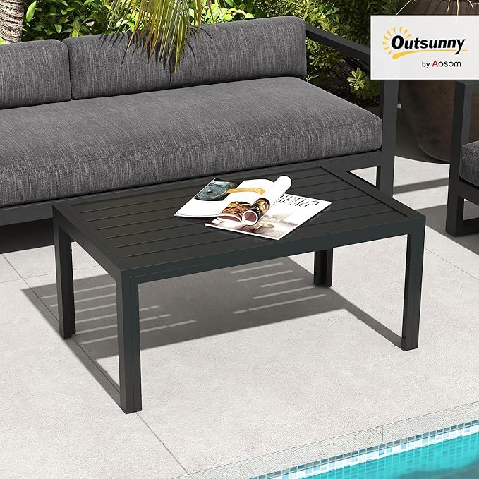 Outsunny Patio Coffee Table, Rectangle Outdoor Side Table with Steel Frame and Slat Tabletop for Garden, Balcony, Backyard, Porch, Black