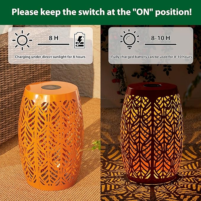 Glitzhome 18.25" H Outdoor Side Table with Leaf Pattern Solar Powered Light, Iron Cutout Drum Garden Stool Solar Decorative Lanterns, Metal End Table Plant Stand for Indoor Outdoor, Orange