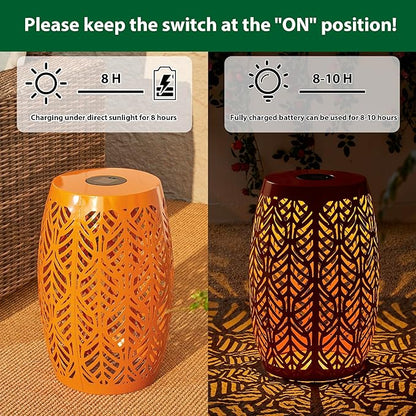 Glitzhome 18.25" H Outdoor Side Table with Leaf Pattern Solar Powered Light, Iron Cutout Drum Garden Stool Solar Decorative Lanterns, Metal End Table Plant Stand for Indoor Outdoor, Orange