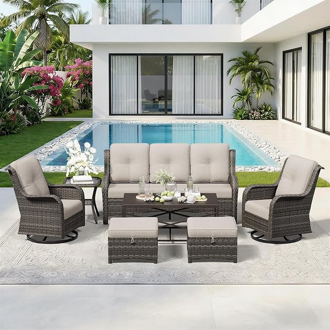7 Piece Outdoor Wicker Patio Furniture Set, Outdoor Swivel Rocker Patio Chairs Set with Thickened Olefin Cushions - Photo 8