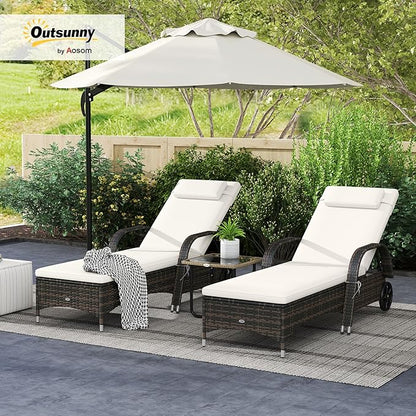 Outsunny Wicker Outdoor Chaise Lounge Set of 2, 5-Level Adjustable Backrest PE Rattan Pool Lounge Chair with Wheels, Cushion & Headrest, Mixed Brown and Cream White