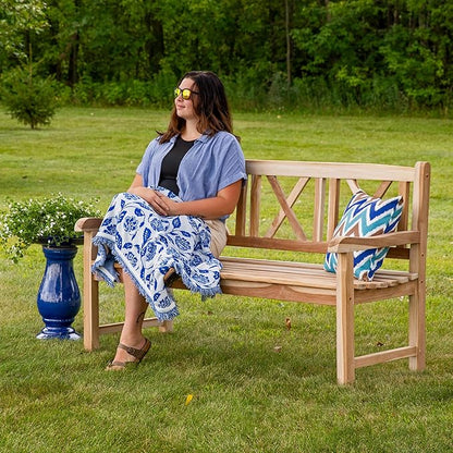 Sunnydaze 2-Person Outdoor Bench for Front Porch or Park - Wooden Teak Patio Garden Bench with Backrest - 675 lb Weight Capacity - Crossback