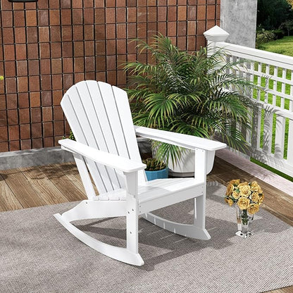 Costaelm Outdoor Adirondack Chair, All Weather Resistant Lawn Chairs Balcony Chair and Fire Pit Chairs, Deck Chairs Outdoor Porch Rocking Chair High Back HDPE Poly Lumber, White