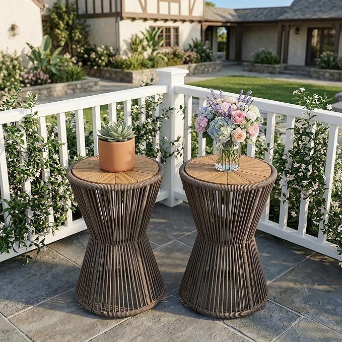 Merax 2 Pieces Round Outdoor Side Table Set, Bohemian Patio Side Tables with Acacia Wood Top and Dark Grey Handwoven Rope Base for Garden, Yard, Elegant Hourglass Design, No Assembly, 25.8" Height