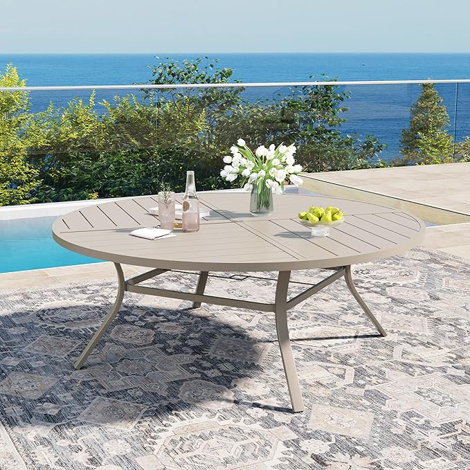 DIFY 63" Round Outdoor Patio Dining Table for 8-10, All-Weather Metal Steel Slatted Patio Table with 1.57" Adjustable Umbrella Hole for Garden, Backyard, Deck, Sandshell