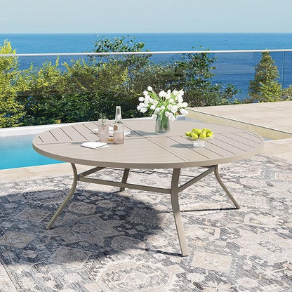DIFY 63" Round Outdoor Patio Dining Table for 8-10, All-Weather Metal Steel Slatted Patio Table with 1.57" Adjustable Umbrella Hole for Garden, Backyard, Deck, Sandshell