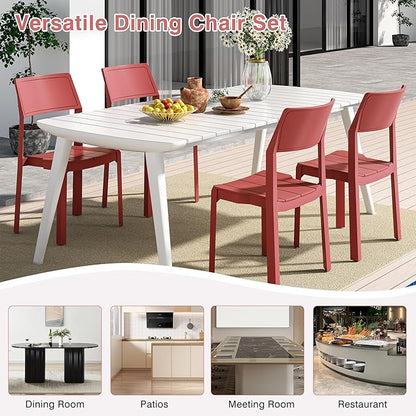 VECELO 4 Pack Stackable Dining Chairs, Plastic Patio Chairs for Indoor Outdoor Use in Kitchen, Poolside, No Assembly, Modern Red