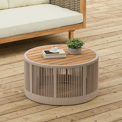 LUMISOL Acacia Wood & Rattan Rope Coffee Table for Outdoor, Patio Center Table with Wood Top, 26" Cocktail Table for Garden, Yard, Balcony, Teak+ Beige