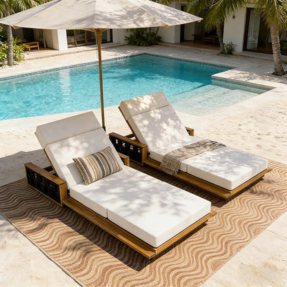 Merax Acacia Wood Patio Chaise Lounge Set of 2, Outdoor Reclining Chairs with 4-Position Adjustable Backrest, 2-Piece Sunbathing Recliner & 4" Thick Four-fold Cushion for Poolside, Garden, Cream
