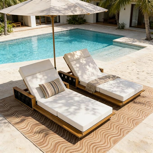 Merax Acacia Wood Patio Chaise Lounge Set of 2, Outdoor Reclining Chairs with 4-Position Adjustable Backrest, 2-Piece Sunbathing Recliner & 4" Thick Four-fold Cushion for Poolside, Garden, Cream