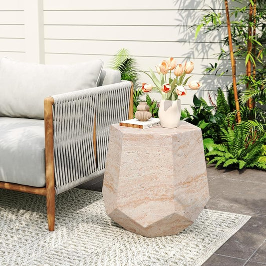 Outdoor Side Table Faux Marble End Table Faux Stone Side Tables Travertine Small Coffee Tables for Indoor Outdoor, Garden Stool Plant Stand for Porch, Backyard Patio, Hexagonal