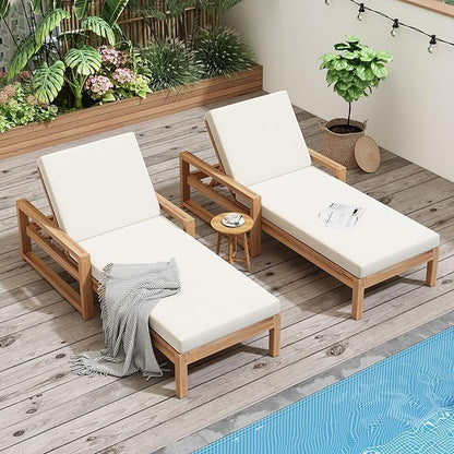Merax Chaise Lounge Chairs Set of 2 for Outside, Adjustable 5 Position Outdoor Acacia Wood Patio Pool Lounge Chair with Arm, Cushion & Adjustable Backrest for Poolside Backyard Deck Porch, Natural