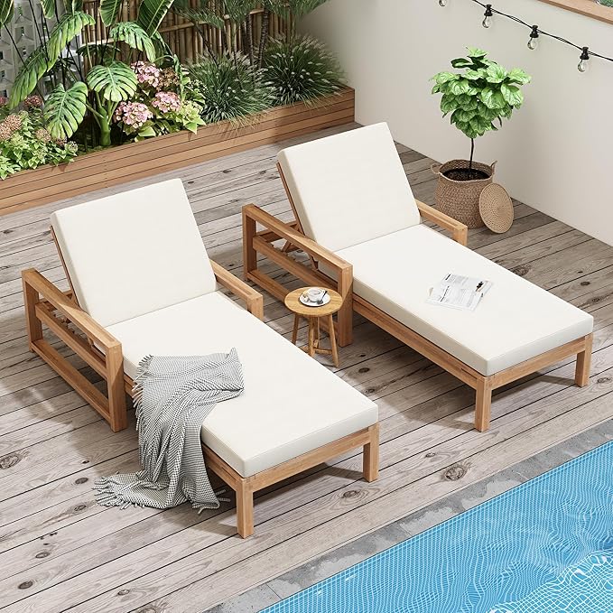 Think 30Lounge Chair Set of 2, Patio Sun Tanning Chair, Outdoor Chaise Lounger with 5-Position Reclining Back, for Pool, Balcony & Garden,Light Teak