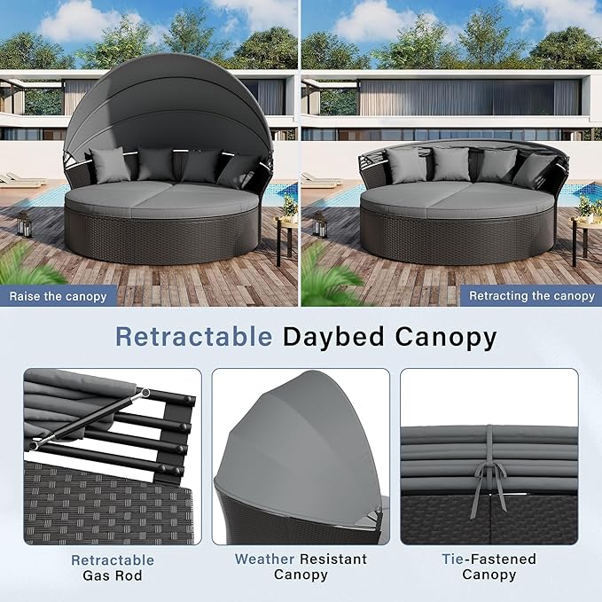 Crownland Outdoor Round Daybed with Retractable Canopy, Patio Daybed with Washable Cushions, Clamshell Sectional Seating - Photo 5