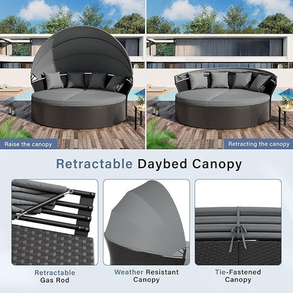 Crownland Outdoor Round Daybed with Retractable Canopy, Patio Daybed with Washable Cushions, Clamshell Sectional Seating, Black Wicker Furniture for Garden, Patio, Pool (Grey,Gray)