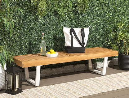 SAFAVIEH Outdoor Patio Furniture Heather Natural Brown Solid Wood & White Legs 60-inch Steel Bench