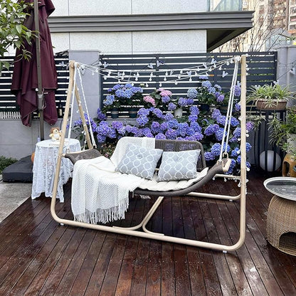 PURPLE LEAF 2 Seat Porch Swing Outdoor Hand-Woven Rattan Bench Glider Loveseat Hanging Cloud Swing Chair with Stand for Indoor Backyard Garden Patio Hammock Swinging, Cushion and Pillows Included