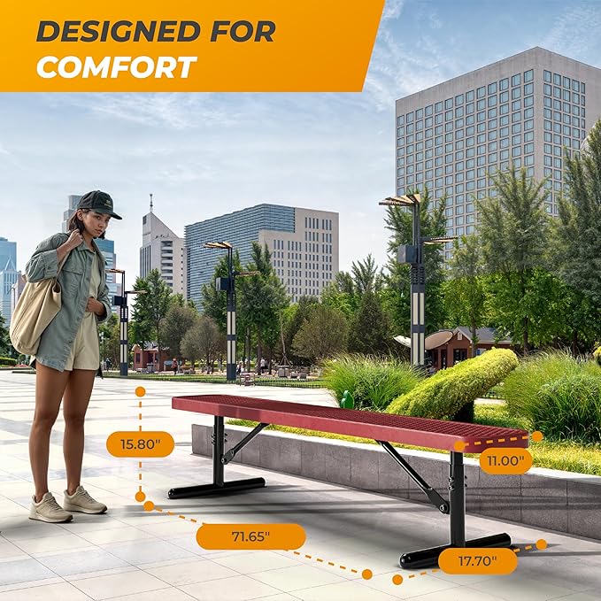 Heavy-Duty Outdoor Metal Bench, Thermoplastic-Coated, Portable, Weatherproof, Commercial-Grade for Parks, Gardens, Patios, Stores & More (6 Ft - Portable, Red)