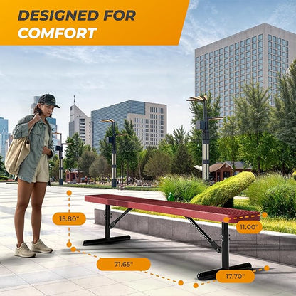 Heavy-Duty Outdoor Metal Bench, Thermoplastic-Coated, Portable, Weatherproof, Commercial-Grade for Parks, Gardens, Patios, Stores & More (6 Ft - Portable, Red)