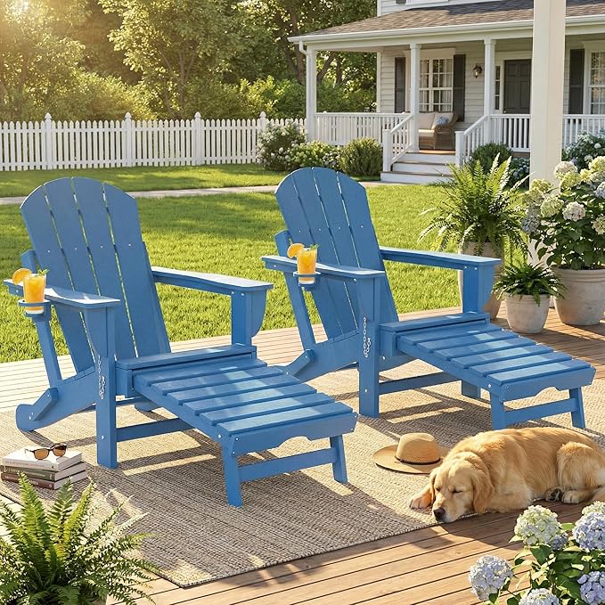 Outsunny Folding Adirondack Chair Set of 2, Outdoor HDPE Fire Pit Chair with Retractable Ottoman, Cup Holder and Large Seat for Deck, Garden, Backyard, Blue