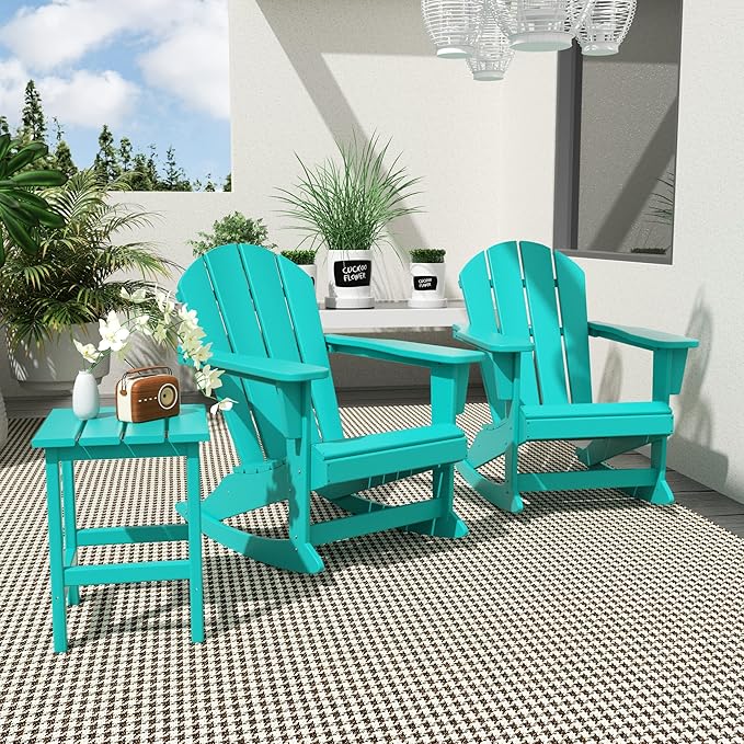 WO WESTIN OUTDOOR HDPE Laguna Outdoor Rocking Poly Adirondack Chair with Side Table 3-Piece Set, Turquoise