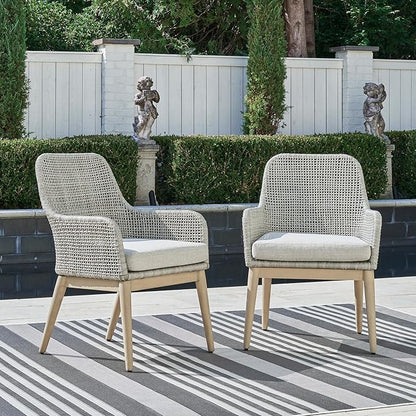 Signature Design by Ashley Seton Creek Cottage Nuvella Weather Resistant Fabric Outdoor Dining Arm Chair with Cushion, Set of 2, Light Brown & Light Gray