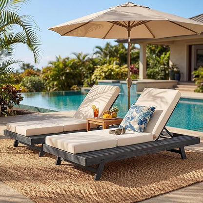 espidoo Adjustable Outdoor Chaise Lounge: 4-Position Reclining Backrest for Backyard & Poolside - Solid Acacia Wood Frame with Triple-Fold Cushion - 2-Piece Set for Sunbathing & Relaxation