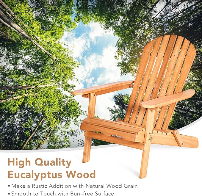 HAPPYGRILL Eucalyptus Wood Adirondack Chair Outdoor Folding Lounger Chair for Porch Deck Patio Poolside and Backyard