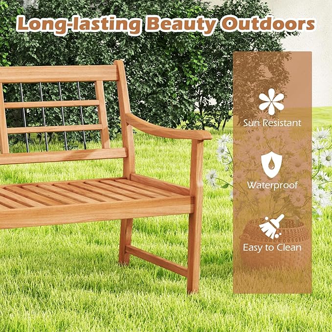 HAPPYGRILL Outdoor Acacia Wood Bench, 2-Person Patio Bench with Slatted Seat, Backrest & Armrests, 800 Lbs Max Load, Accent Patio Loveseat, Outside Bench for Garden Yard Lawn