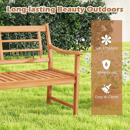 HAPPYGRILL Outdoor Acacia Wood Bench, 2-Person Patio Bench with Slatted Seat, Backrest & Armrests, 800 Lbs Max Load, Accent Patio Loveseat, Outside Bench for Garden Yard Lawn