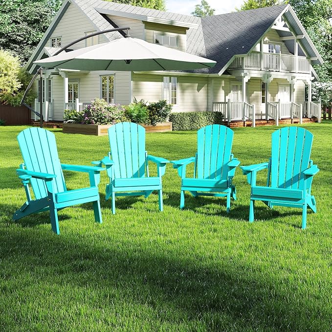 Folding Adirondack Chair Set of 4，Wooden Textured Fire Pit Chair with Cup Holder, Heavy All-Weather HDPE Plastic Outdoor Patio Chairs for Poolside Backyard Patio Outdoor Garden