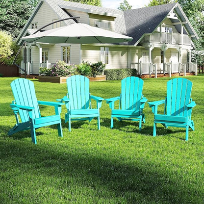 Folding Adirondack Chair Set of 4，Wooden Textured Fire Pit Chair with Cup Holder, Heavy All-Weather HDPE Plastic Outdoor Patio Chairs for Poolside Backyard Patio Outdoor Garden
