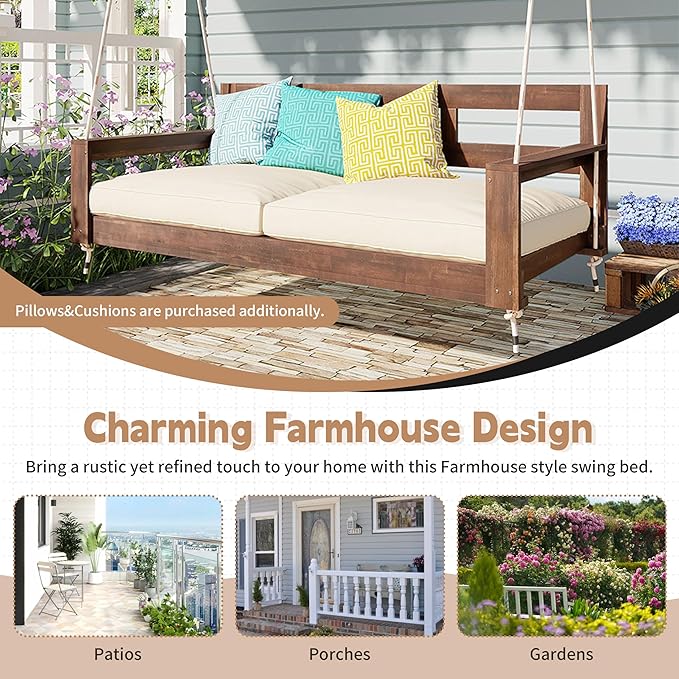 Merax Patio Wooden Twin Size Porch Swing Daybed Frame, Farmhouse Swing Bench Chair with 4 Hanging Ropes for Backyard - Photo 6