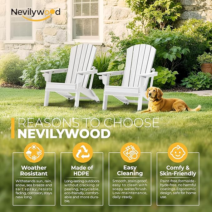 nevilywood HDPE Foldable Fire Pit Chairs Set of 2 with Cup Holders,Wood Grain Durable Design,Perfect for Patio,Backyard & Outdoor Gatherings, White