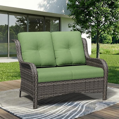 Wicker Patio Loveseat, 2 Seat Outdoor Couch with Thickened Olefin Cushions, High Back and Deep Seating, Hand-Woven PE Rattan for Porch, Deck, Balcony