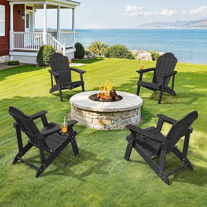LUE BONA HDPE Adirondack Chairs Set of 2 - Weather Resistant Seating with Cup Holder for Porch, Patio, Deck & Fire Pit, Black