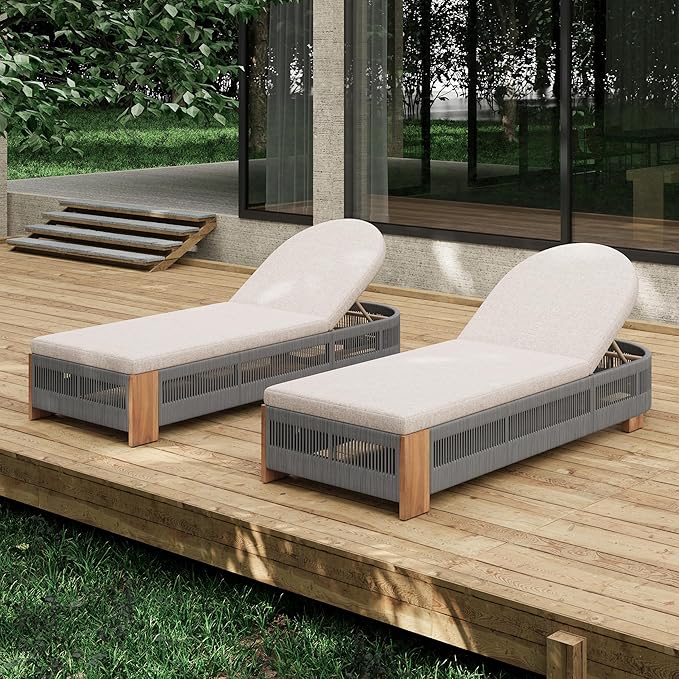 Christopher Knight Home Daskz Patio Chaise Lounge Chair Set of 2, Patio Outdoor Acacia Wood Chaise Lounge with Cushions, Adjustable Backrest Poolside Beach Yard Seating, Rope Design, 79.5'',Teak+Gray