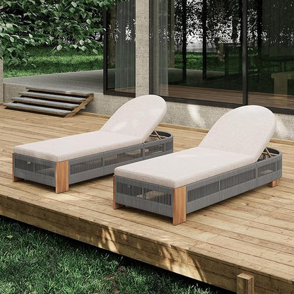 Christopher Knight Home Daskz Patio Chaise Lounge Chair Set of 2, Patio Outdoor Acacia Wood Chaise Lounge with Cushions, Adjustable Backrest Poolside Beach Yard Seating, Rope Design, 79.5'',Teak+Gray