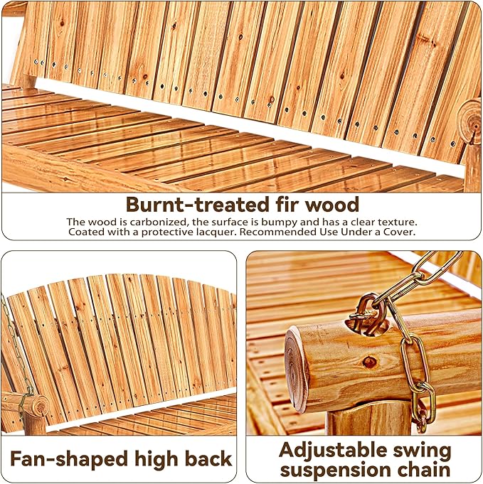 Outdoor Porch Swing Front Porch Hanging Wooden Bench Swing 3 Seat Chair for Garden, Patio, Backyard, Playground - Photo 5