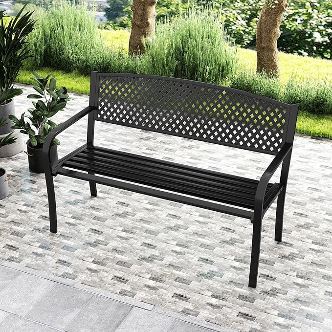 Giantex Metal Outdoor Bench with Mesh Pattern Backrest, Curved Armrests, Load 660Lbs, Slatted Seat for 2-3 Persons - Photo 8