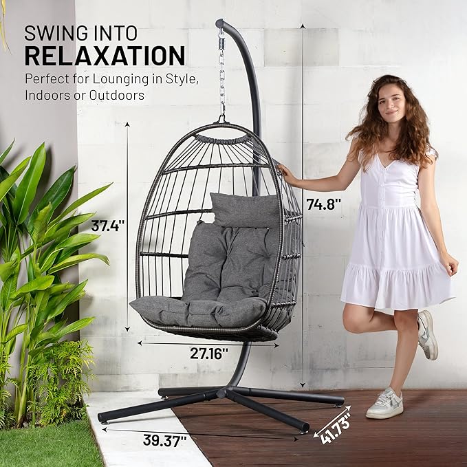 SereneLife Egg Chair with Stand – Hanging Rattan Wicker Swing for Indoor Outdoor Use – 350 lbs Capacity, Breathable Cushion & Headrest – Patio, Balcony, Porch, Bedroom Lounge Furniture