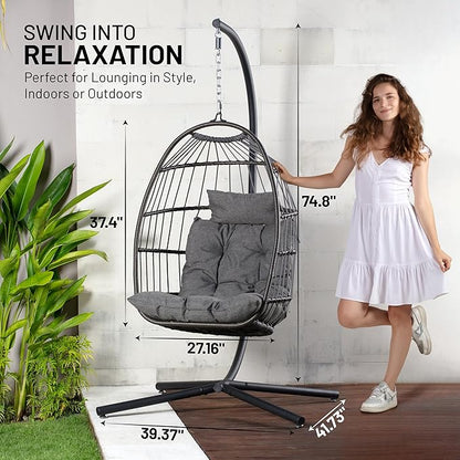 SereneLife Egg Chair with Stand – Hanging Rattan Wicker Swing for Indoor Outdoor Use – 350 lbs Capacity, Breathable Cushion & Headrest – Patio, Balcony, Porch, Bedroom Lounge Furniture