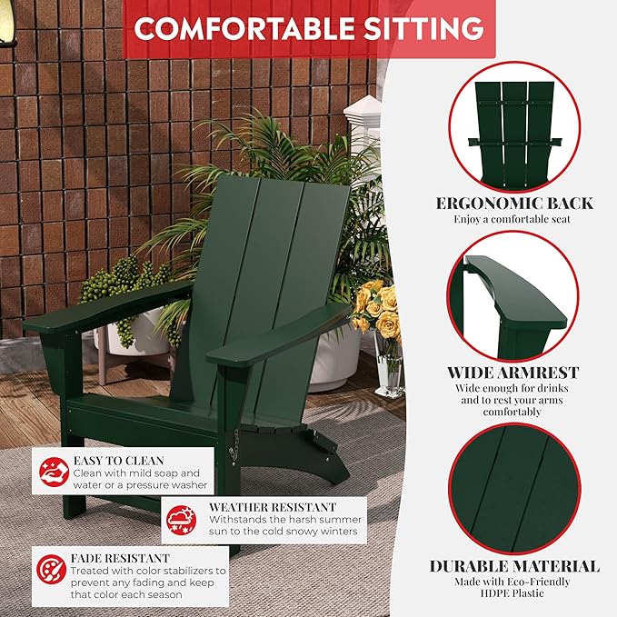 Costaelm Folding Adirondack Chairs, Outdoor Patio Adjustable Lawn Chairs, Weather Resistant Outside Firepit Chairs for Porch, Poolside, Garden, Backyard Deck, Dark Green